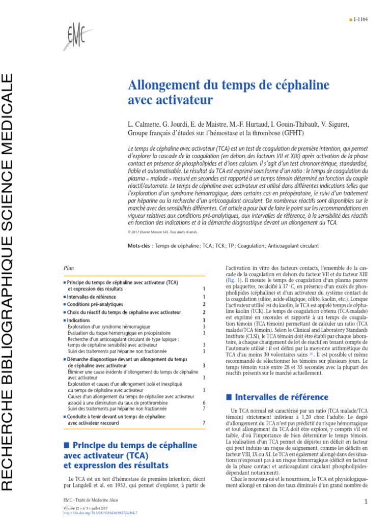 Allongement Du Temps de Céphaline Avec Activateur PDF Hémostasie Hémophilie