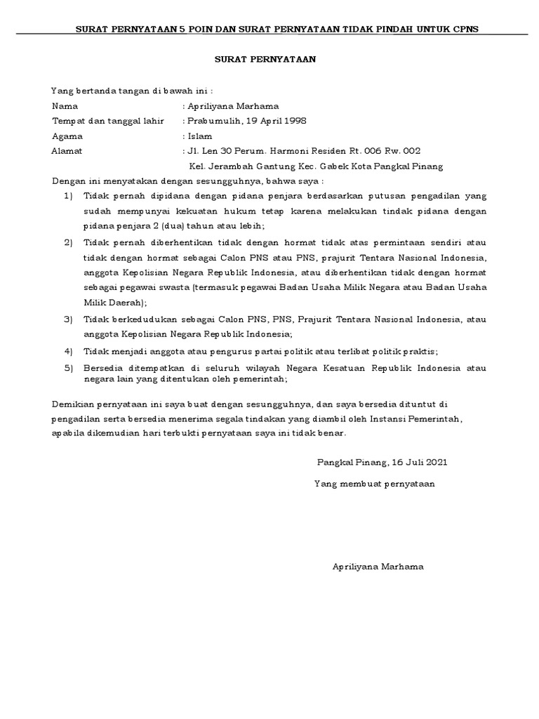 Contoh Surat Pernyataan 5 Poin Dan Surat Pernyataan Tidak Pindah CPNS | PDF