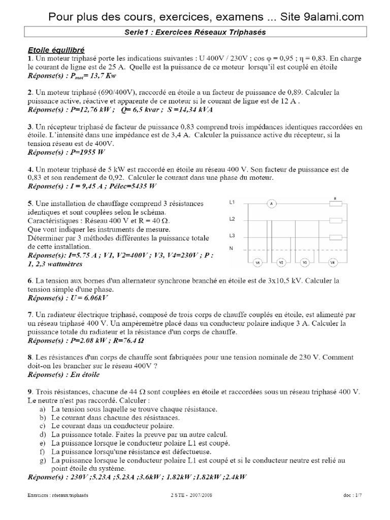 Serie1 - Exercices Réseaux Triphasés - PDF Téléchargement Gratuit | PDF