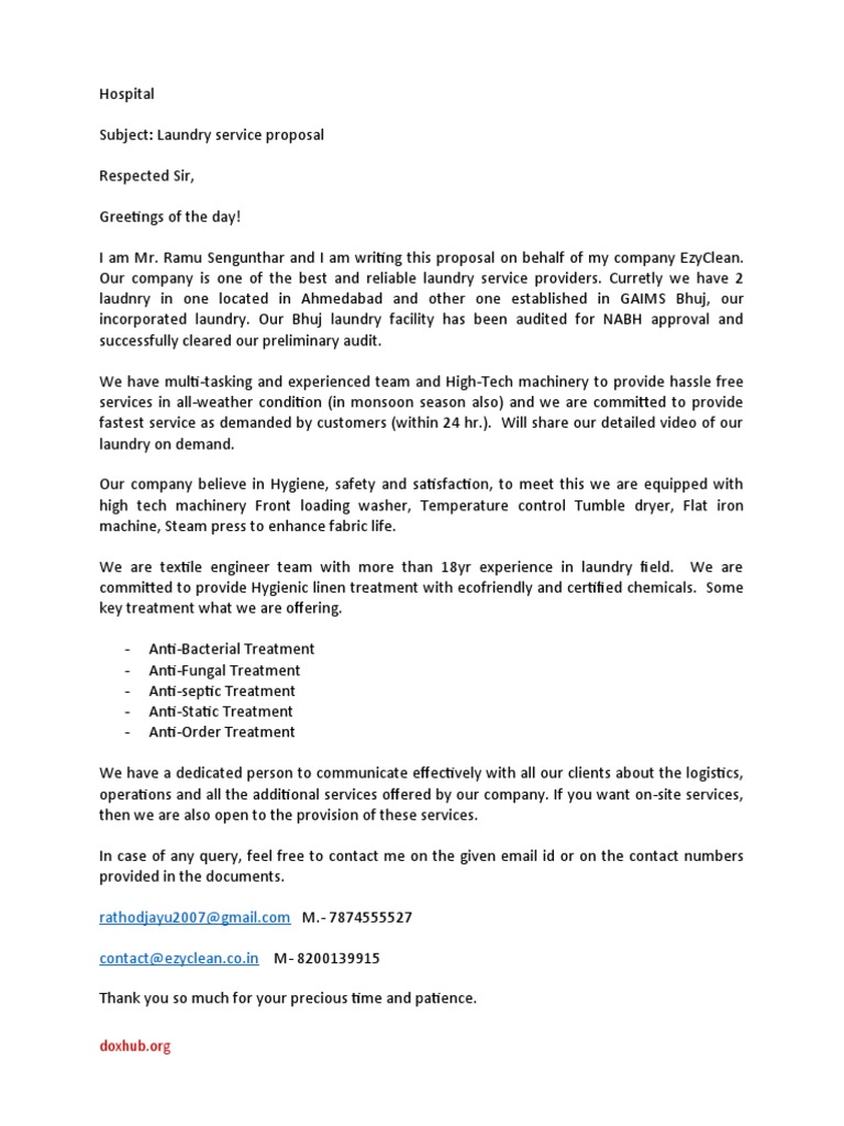 Laundry Service Proposal Letter PDF Laundry Secondary Sector Of