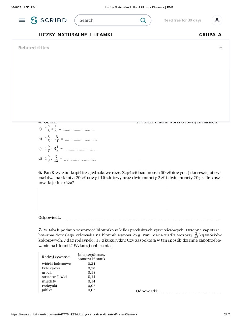Matematyka Wokół Nas Klasa 6 Sprawdzian Liczby Naturalne Liczby Naturalne I Ulamki Praca Klasowa - PDF1 | PDF