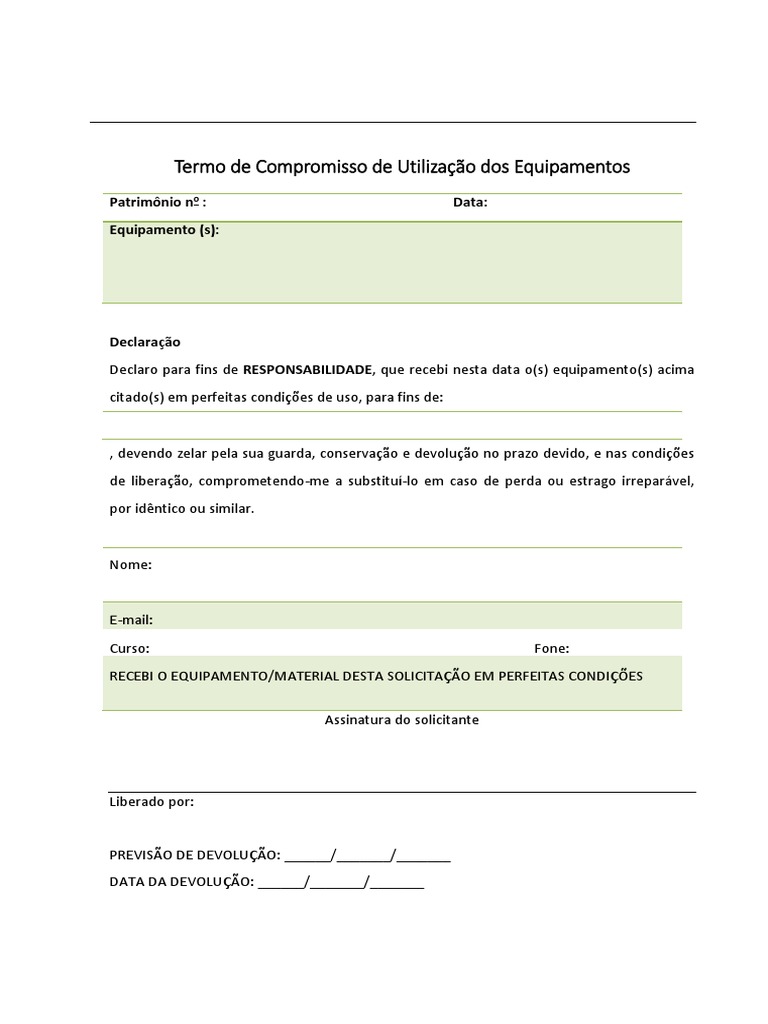 Termo De Compromisso De Utilização Dos Equipamentos Pdf