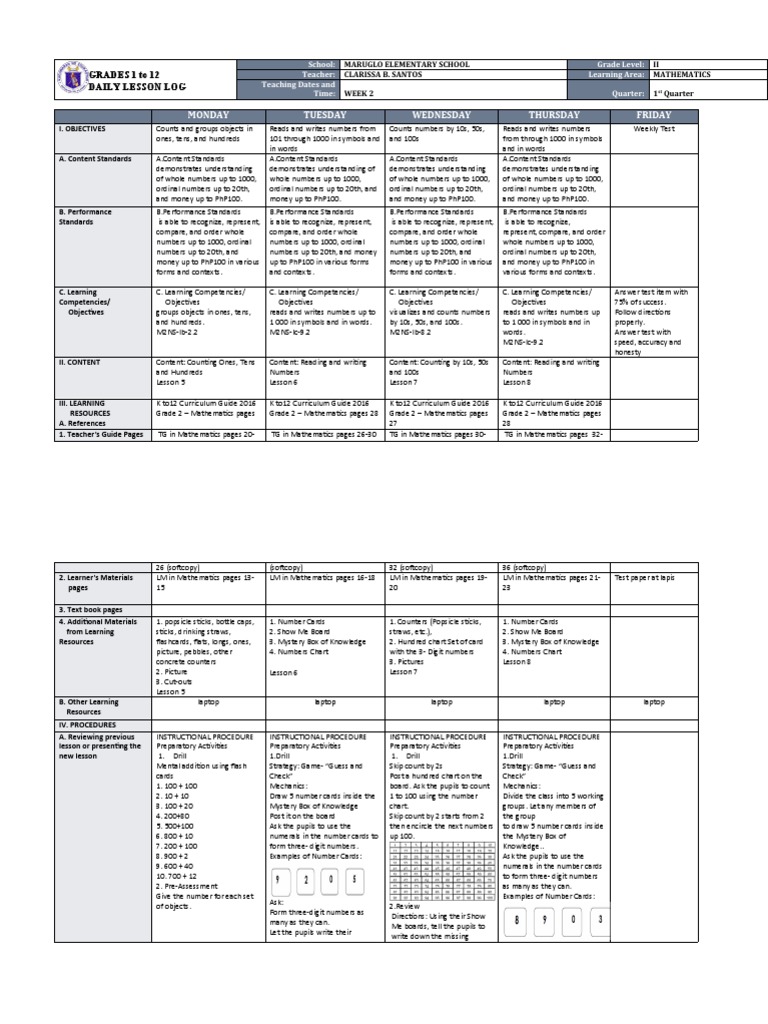 Grade 2 Math Daily Lesson Plan | PDF | Curriculum | Natural Number