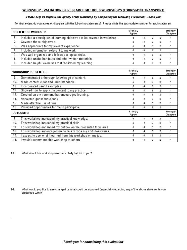 Workshop Evaluation for Tourism Research | PDF | Evaluation | Learning