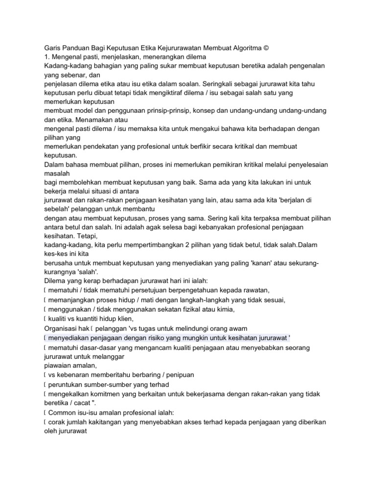 Garis Panduan Bagi Keputusan Etika Kejururawatan Membuat Algoritma Pdf