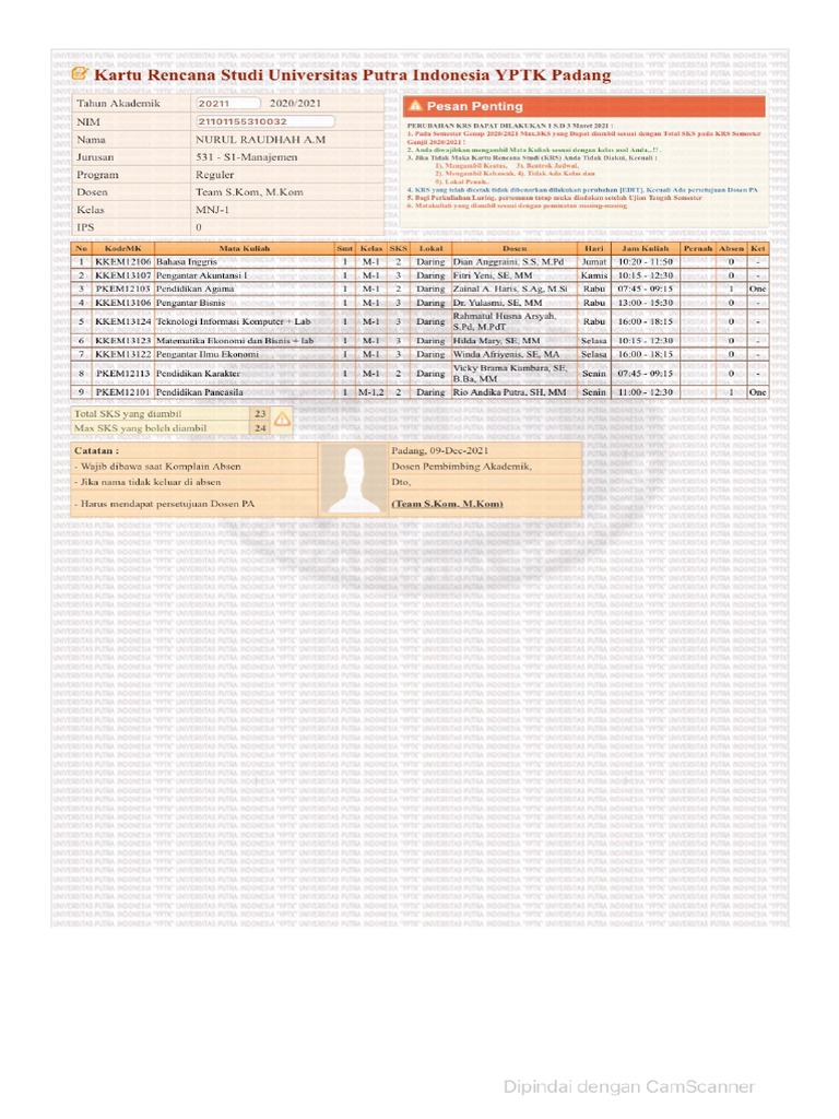 Print Kartu Rencana Studi (KRS) Mahasisw | PDF