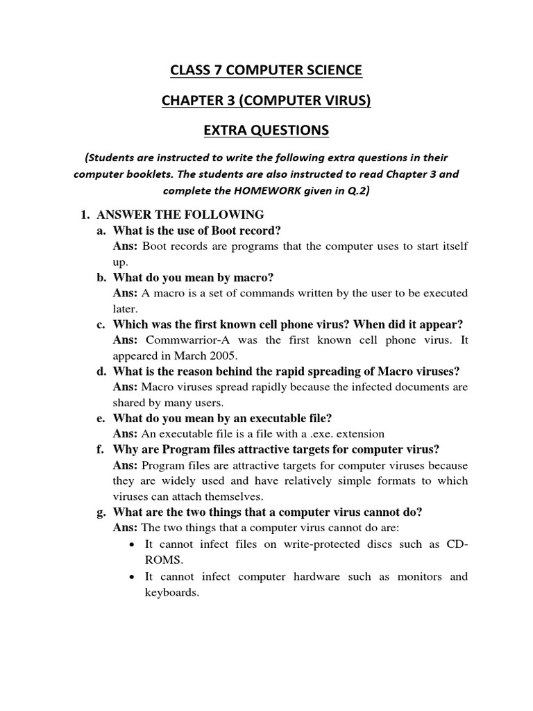 Class 7 Extra Computer Science CHAPTER 3 (Computer Viruses) | PDF ...