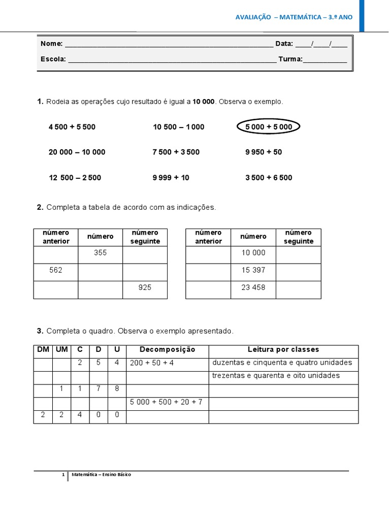 Ficha de Avaliação MAT 3 | PDF