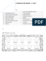 FICHA DE TRABALHO DE INGLÊS 3 ano