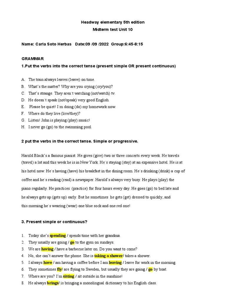Headway Elementary Midterm Test Unit 10 | PDF | Linguistics