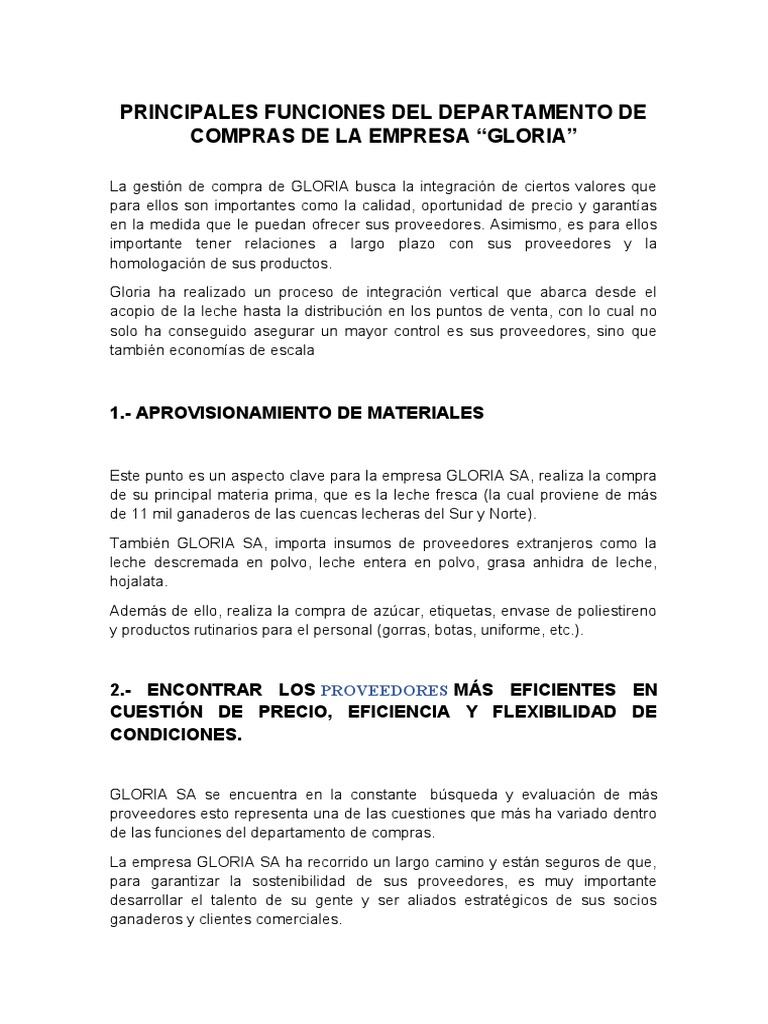 Funciones del Departamento de Compras en Gloria | PDF | Calidad ...