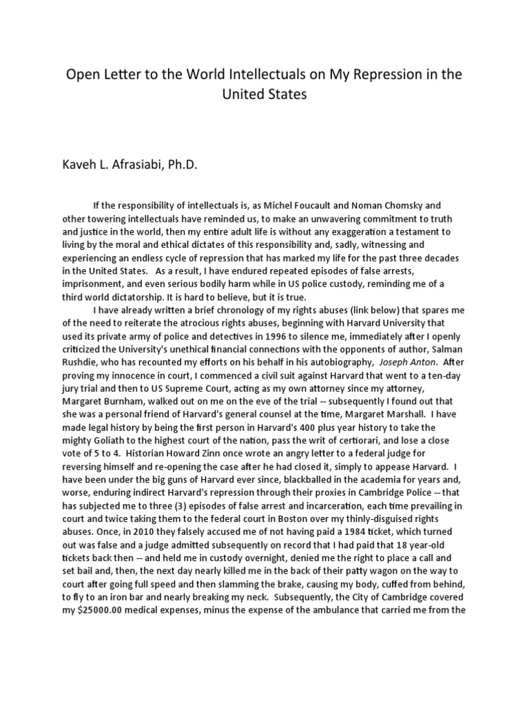 Open Letter To The World Intellectuals On My Repression in The United ...
