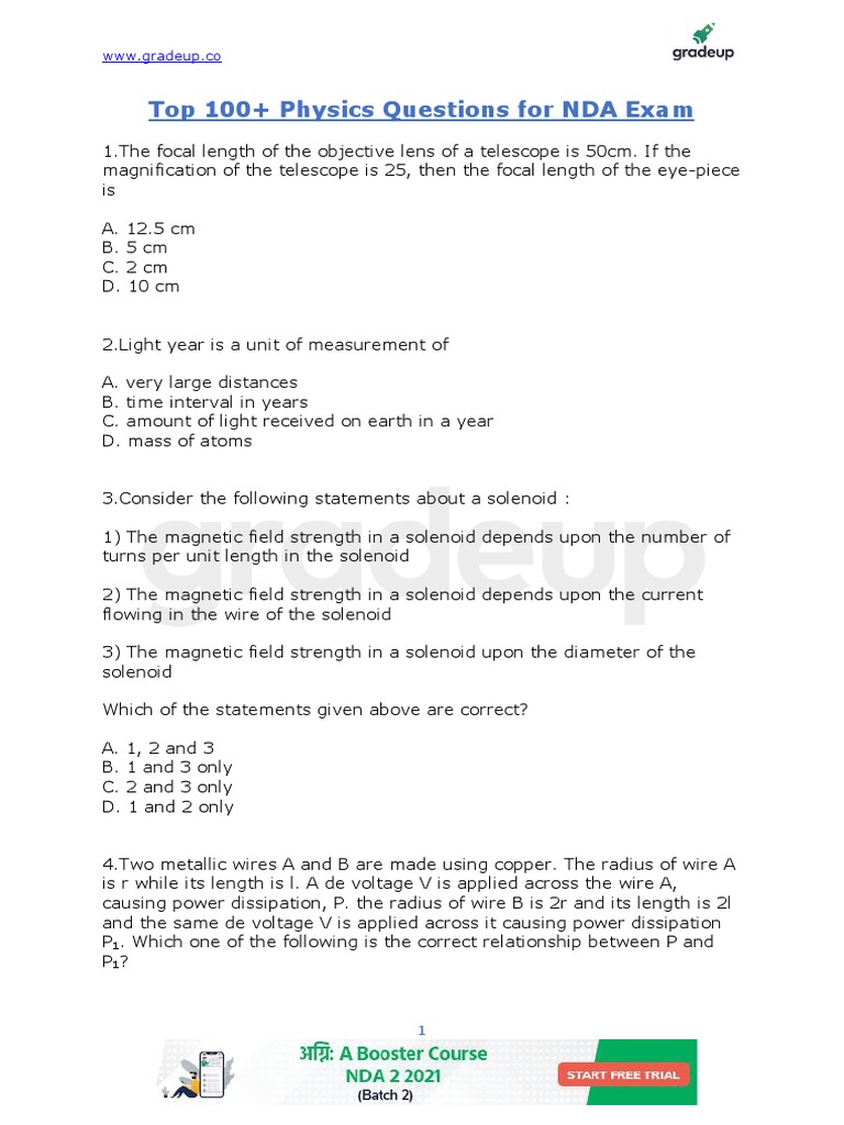 Top Physics Questions for NDA Exam | PDF | Kinetic Energy | Mass