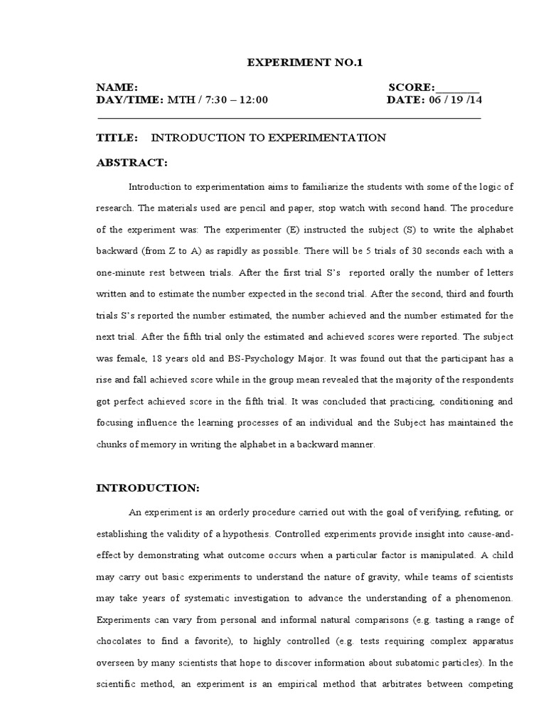 Experiment No 1 | PDF | Experiment | Psychology