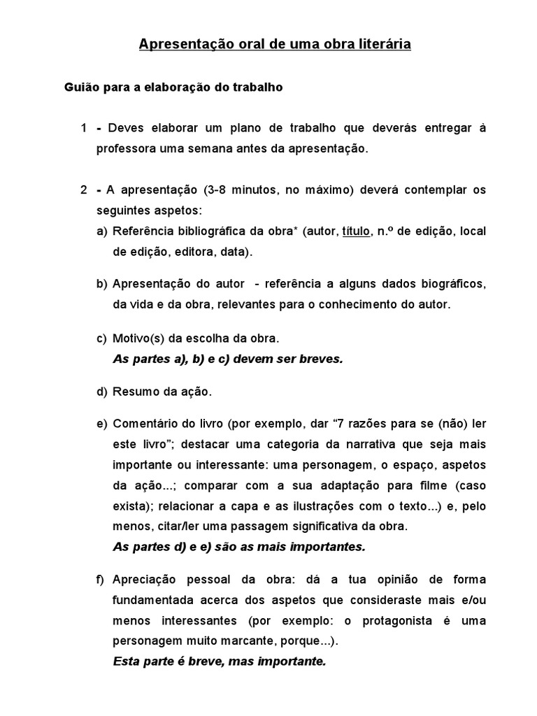 Apresentação Oral de Uma Obra Literária: Guião para A Elaboração Do ...