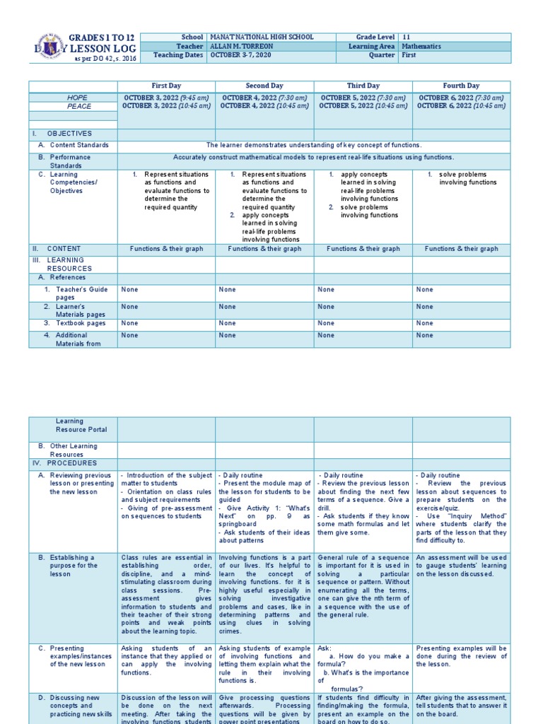 Daily Lesson Log for Grade 11 Math | PDF | Function (Mathematics ...