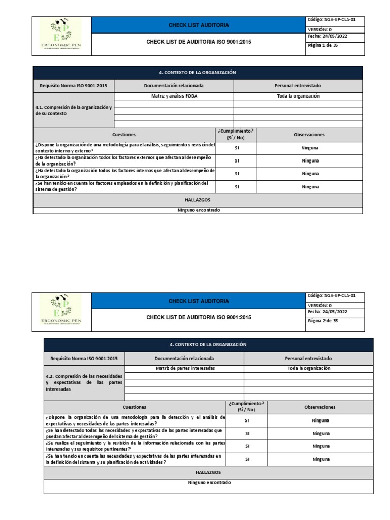 Check List Auditoría ISO 9001:2015 | PDF | Crecimiento personal y ...