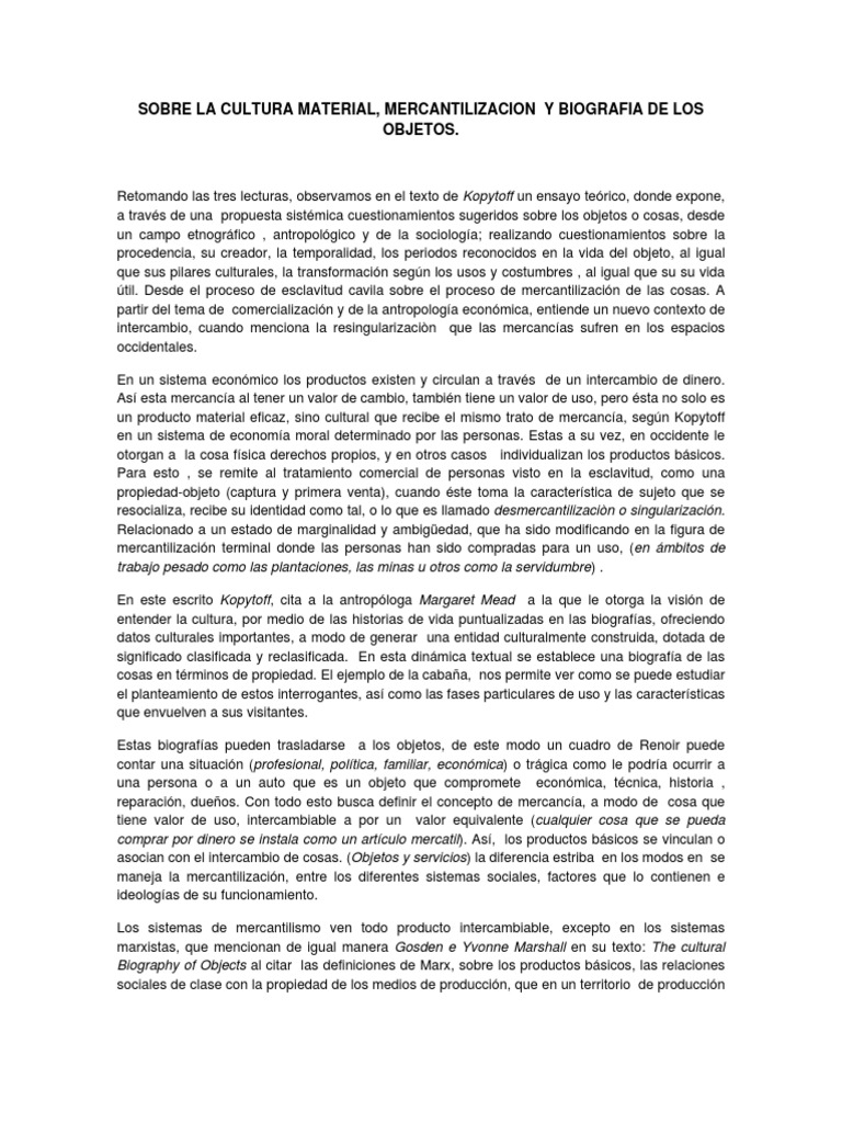 Cultura Material y Mercantilización de Objetos | PDF | Bienes | Cultura ...