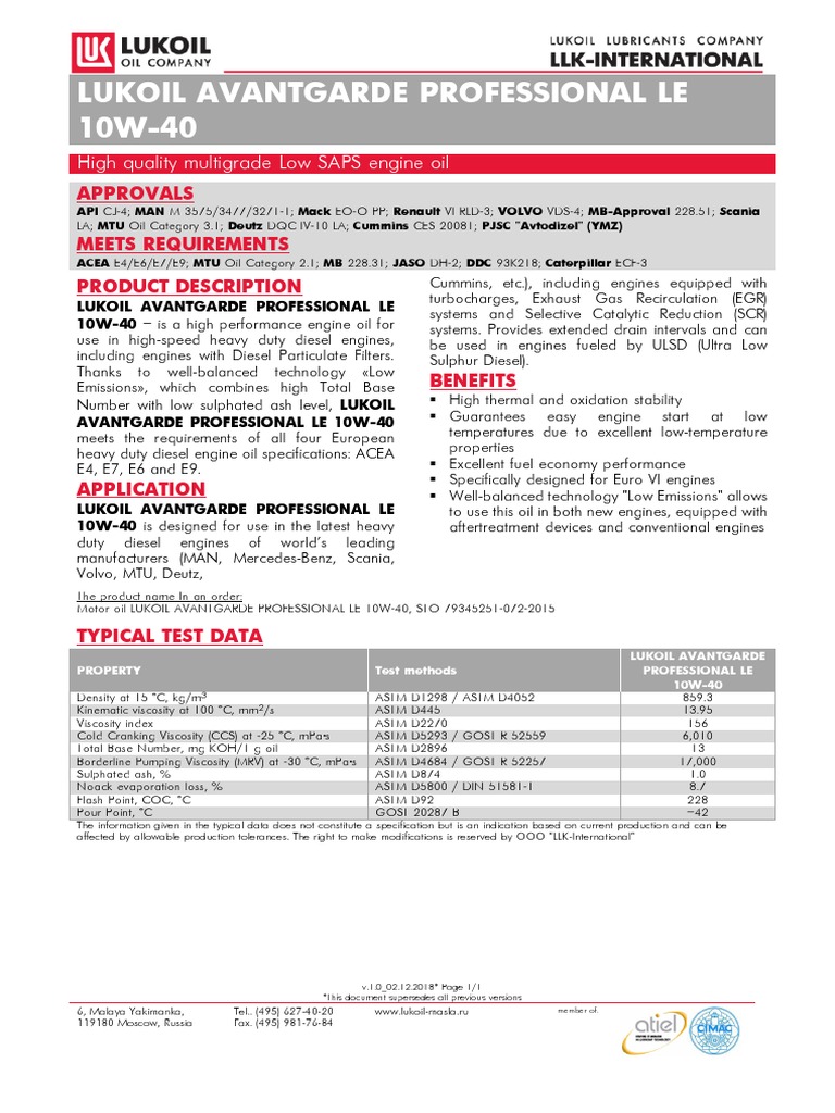 Tds Lukoil Avantgarde Professional Le 10w-40 v.1.0 Eng | PDF | Motor ...
