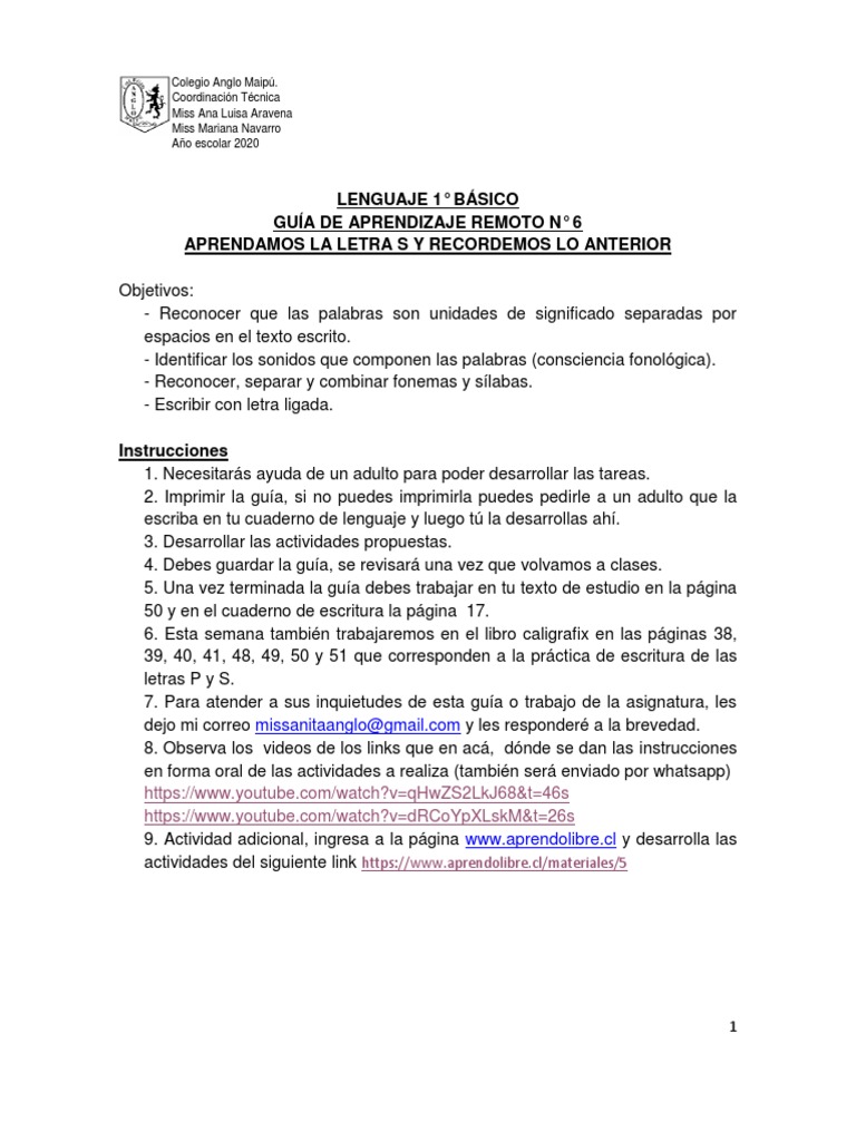 1°básico - Guía de Aprendizaje Remoto - Lenguaje - N°6 | PDF ...