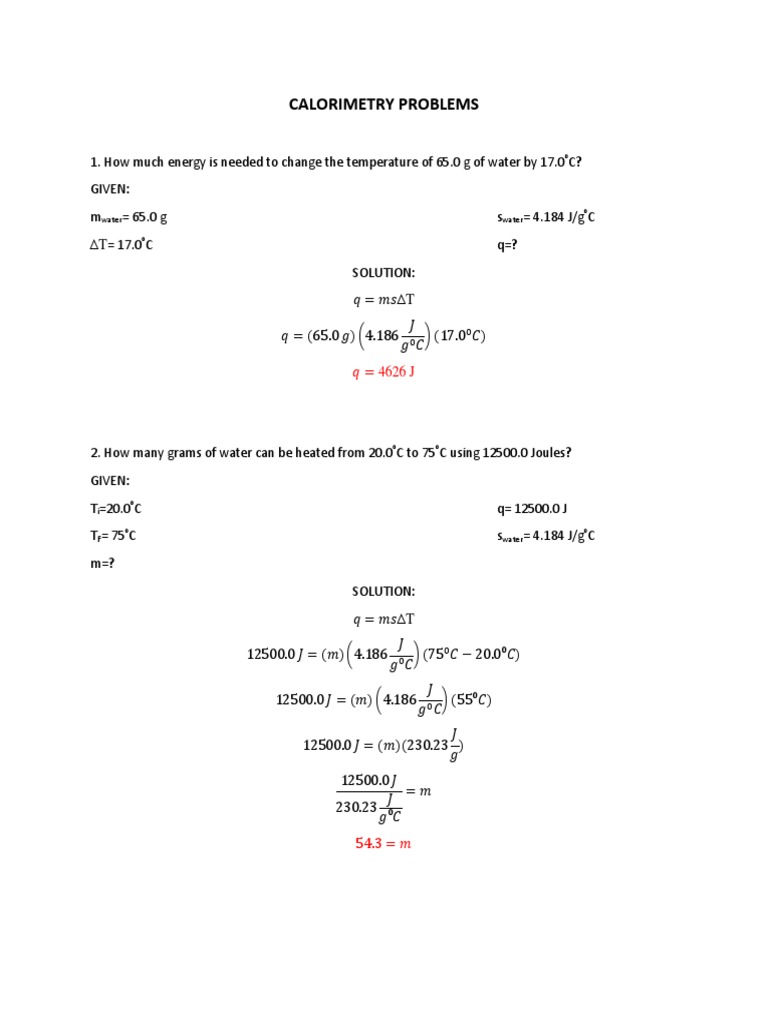 Calorimetry Problems PDF Materials Quantity
