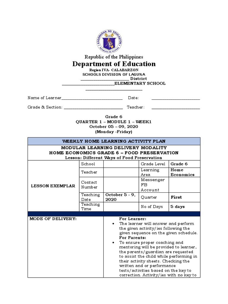 Grade 6 Weekly Home Learning Plan | PDF | Teachers | Learning