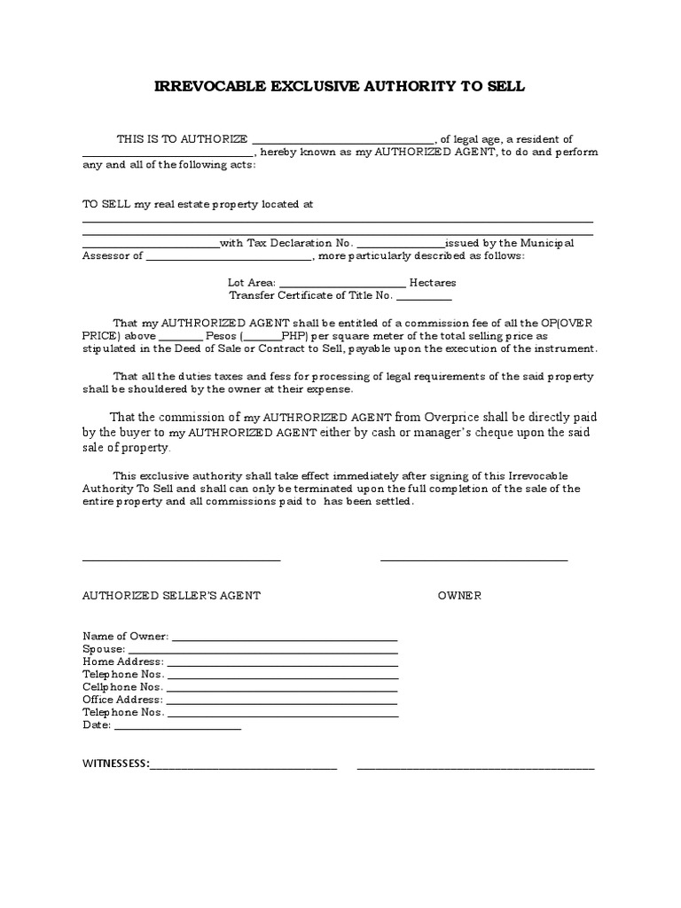 Irrevocable Exclusive Authority To Sell | PDF | Property Law | Justice