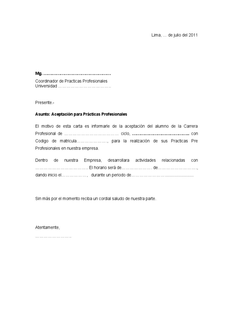 Modelo De Carta De Aceptacion De Practicas
