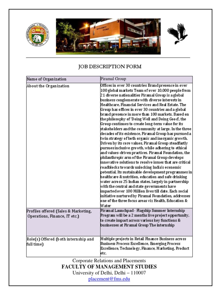 Job Description Form FMS Delhi Piramal PDF Financial Technology