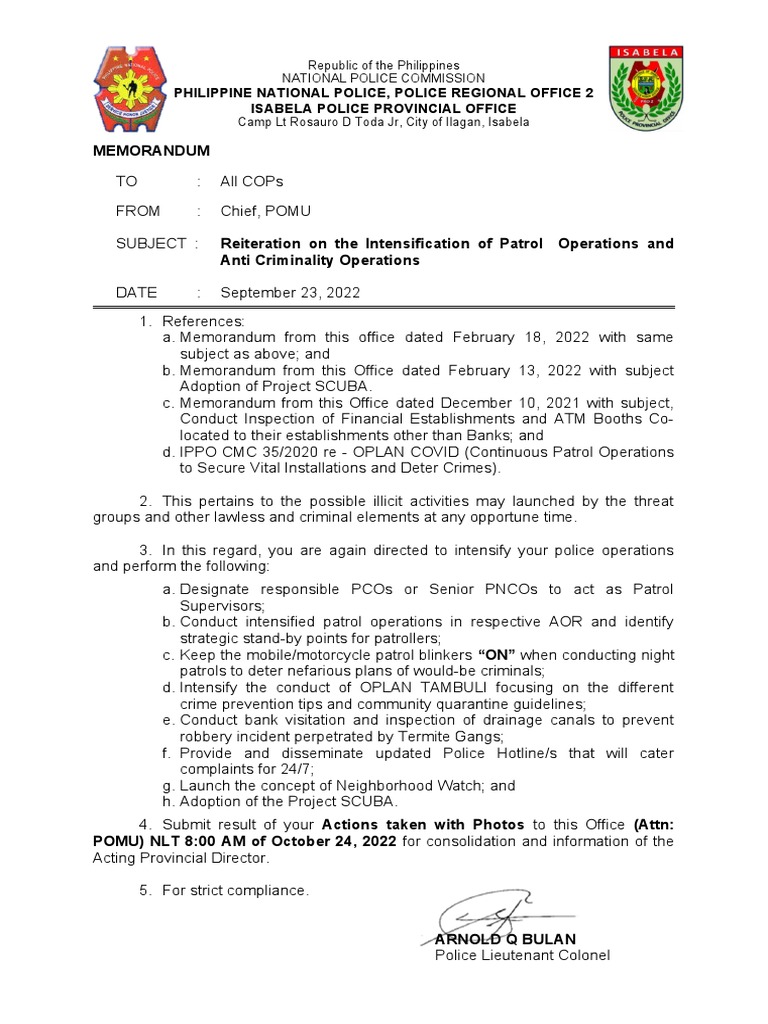 Intensified Patrol Operations Memo | PDF | Crimes | Crime & Violence