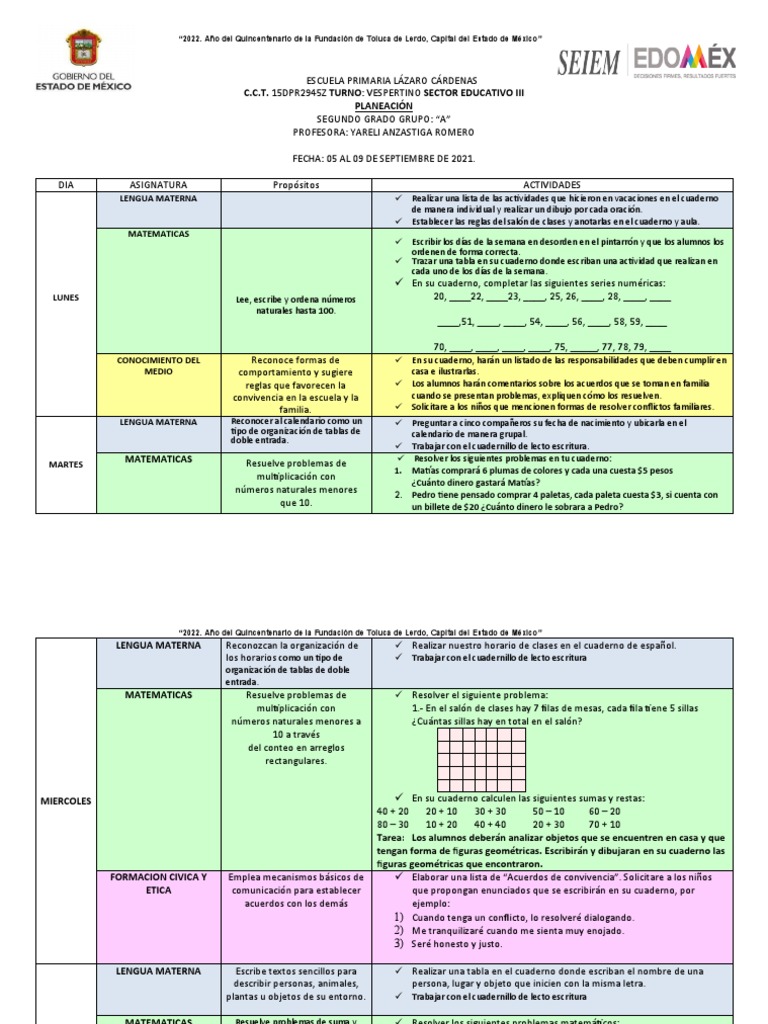 Planeación Semanal 2° Grado Primaria | PDF