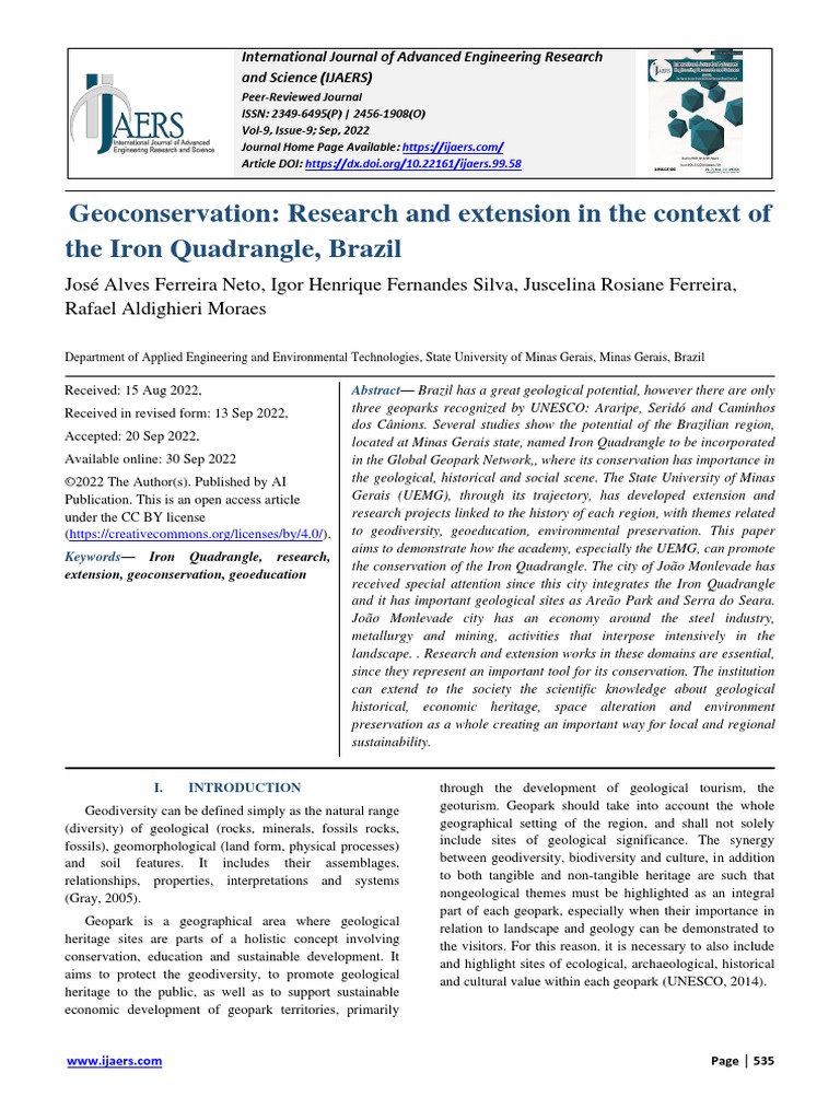 Geoconservation Research and Extension in The Context of The Iron Quadrangle, Brazil PDF