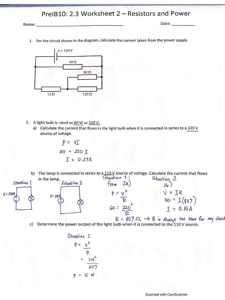 2.3 Worksheet Resistors KEY IB Physics PDF