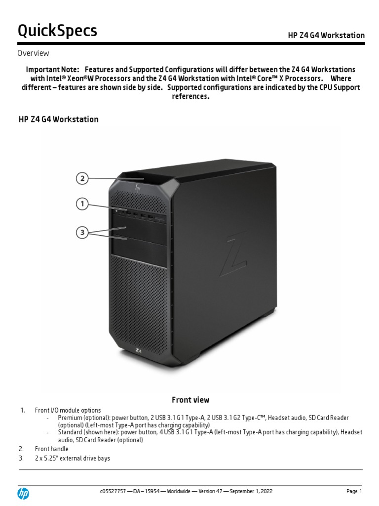 QuickSpecs HP Z4 G4 Workstation Technical Specifications c05527757