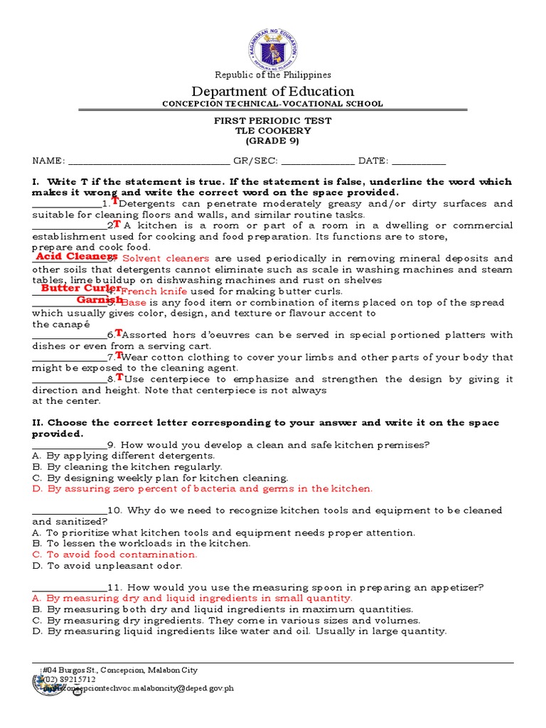 First Quarter Exam Tle 9 Cookery Tos Pdf Foods Home