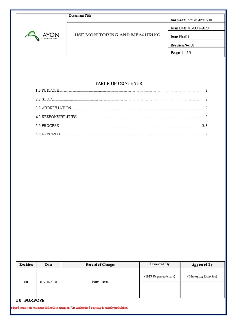 HSE Monitoring and Measuring Procedure | PDF