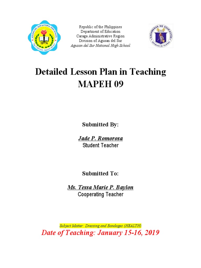 DLP in MAPEH 09 (Dressing and Bandages) PDF Teachers Lesson Plan