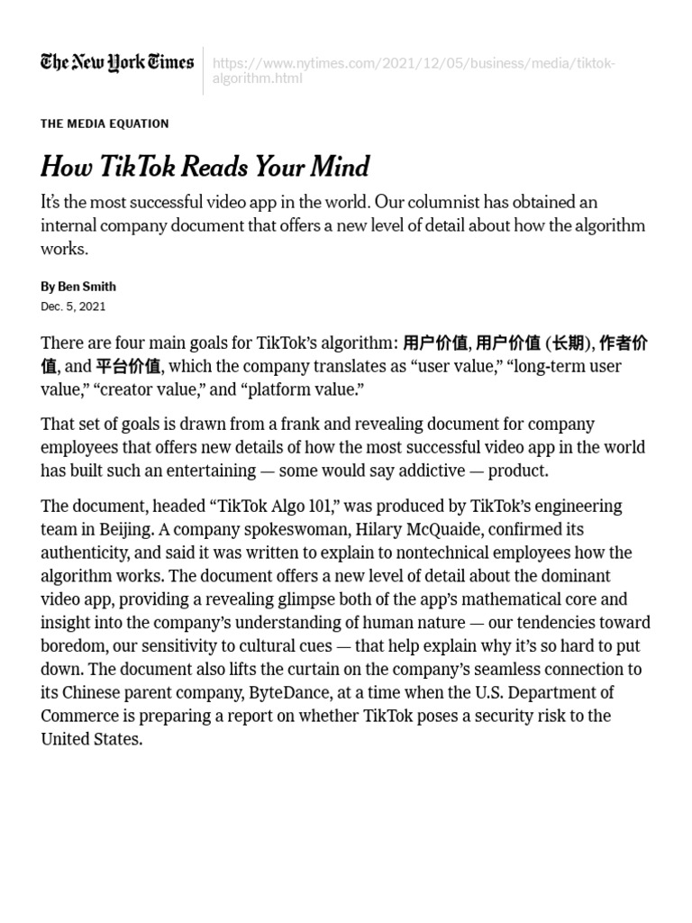 How TikTok Reads Your Mind - The New York Times | PDF | Social Media ...