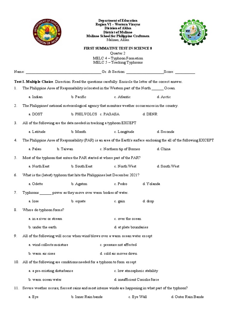 Summative Test Science 8 Quarter 2 Typhoon Formation PAR | PDF ...