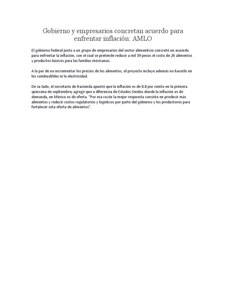 Gobierno y Empresarios Concretan Acuerdo para Enfrentar Inflación | PDF ...
