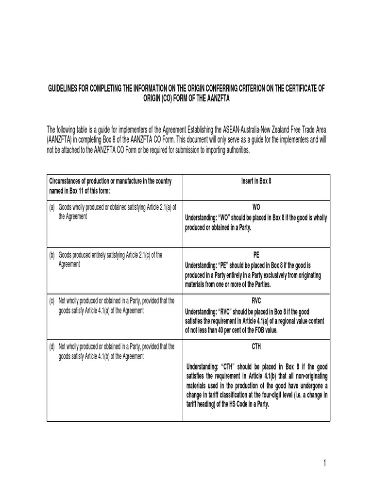 AANZFTA Certificate Origin Criteria Guide | PDF