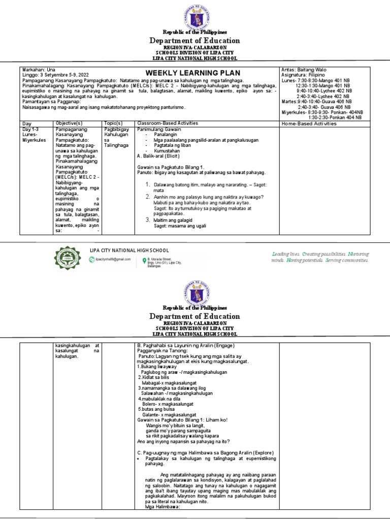 Q1-WLP - Filipino8 - Week 4 | PDF