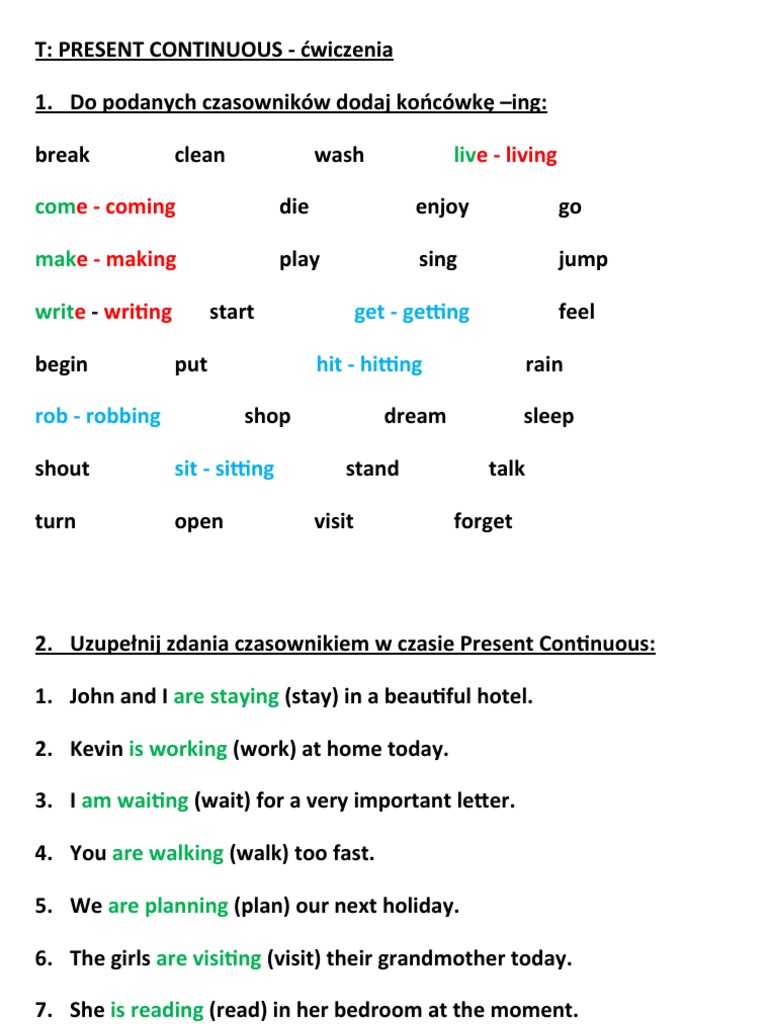 Present Continuous Exercises | PDF