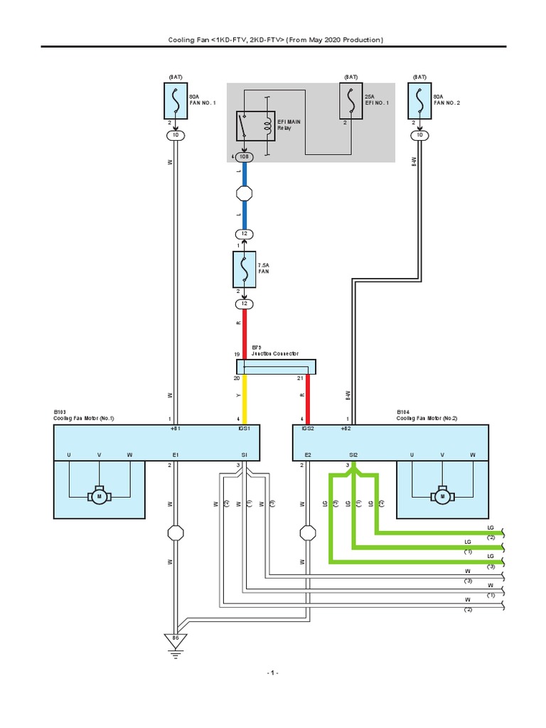 Cooling Fan Electrical Circuit Diagram for Toyota 1KDFTV and 2KDFTV