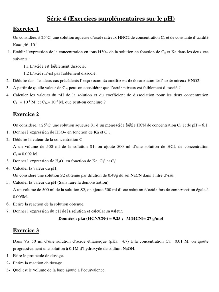 Acide nitreux et pH : Exercices pratiques | PDF | Ph | Dissociation ...