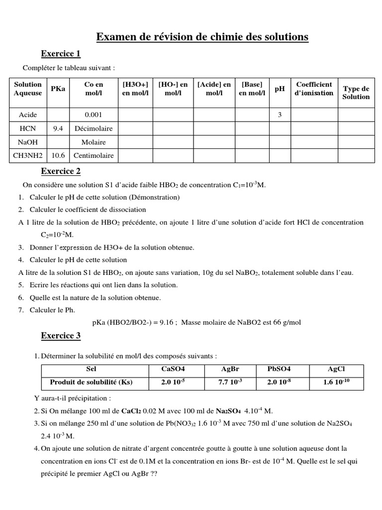 Examen de Révision de Chimie Des Solutions | PDF