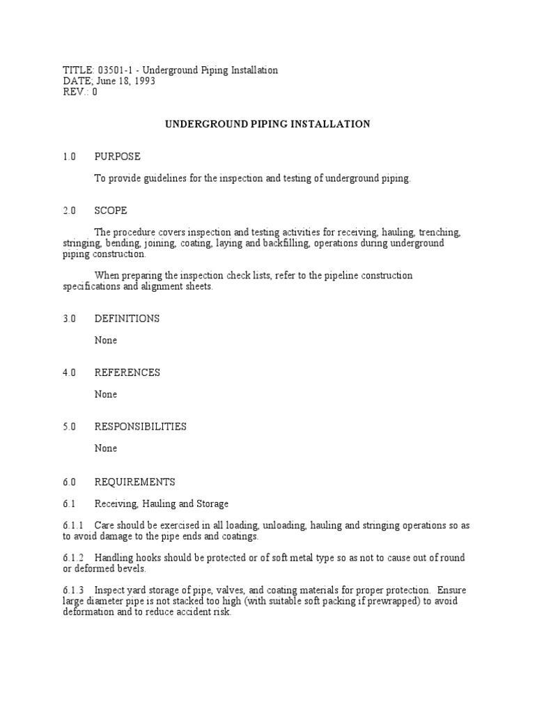1 Underground Piping Installation PDF Pipe (Fluid Conveyance