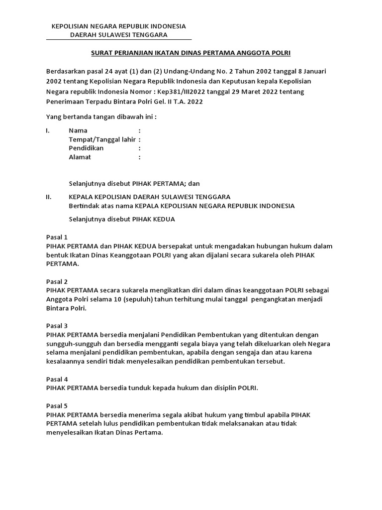 Surat Perjanjian Ikatan Dinas Pertama Anggota Polri PDF
