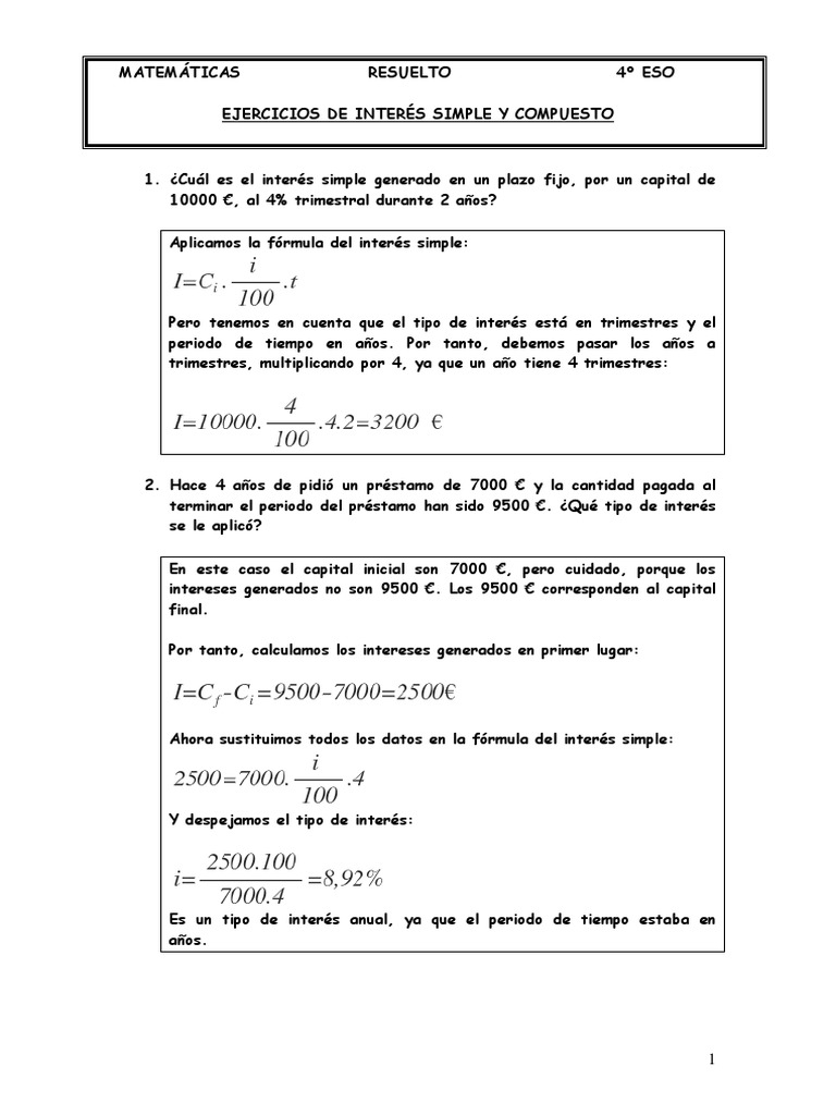 Ejercicios Resueltos de Interés 4º ESO | PDF | Interés | Tasas de interés