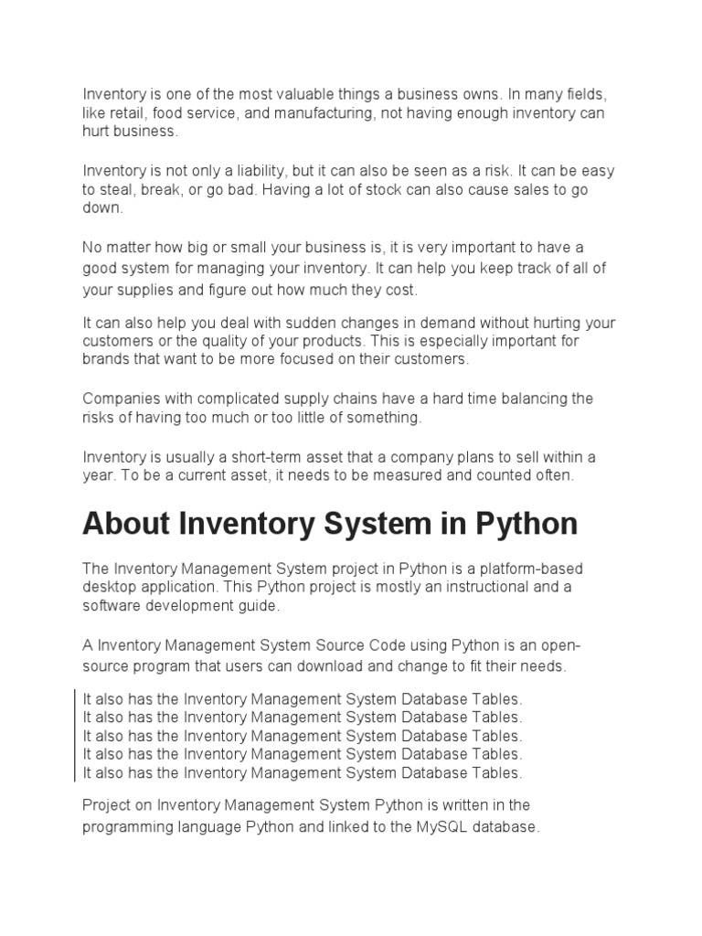 Python Inventory Management System Guide | PDF | Inventory | Databases